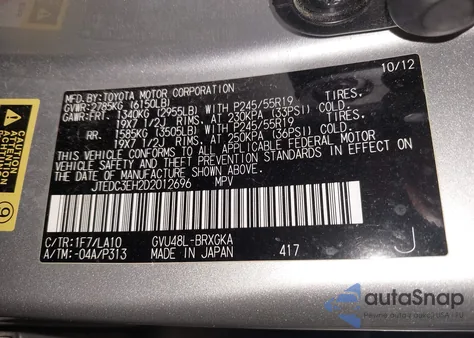 2013 Toyota Highlander Hybrid Limited V6 z USA, uszkodzony, nr VIN JTEDC3EH2D2012696